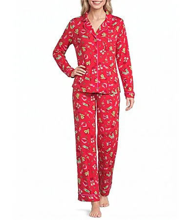 Country Claus Red Print Notch Collar Long Sleeve Jersey Knit Long Pajama Set by Room Service