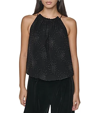 DKNY by Donna Karan Woven Firework Embellished Halter Neck Sleeveless Top by Donna Karan