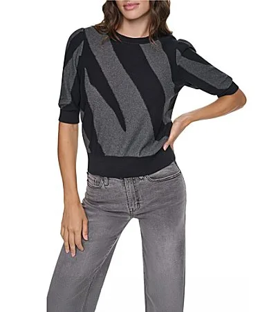 DKNY by Donna Karan Woven Lurex Color Block Crew Neck 34 Sleeve Sweater Top by Donna Karan
