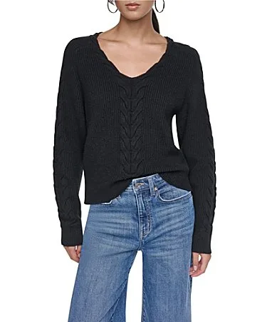 DKNY by Donna Karan Cable Knit Weave V-Neck Long Sleeve Sweater Top by Donna Karan