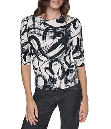 DKNY by Donna Karan Knit Heart Brush Stroke Print Crew Neck 34 Sleeve Sweater Top by Donna Karan