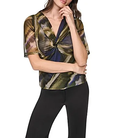 DKNY by Donna Karan Knit Mesh Multi Print V-Neck Short Sleeve Top by Donna Karan