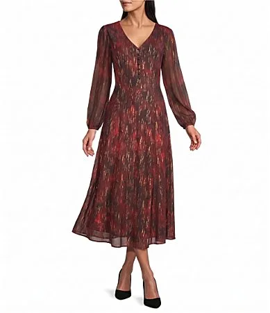 Leslie Fay Foil Mesh V Neck 34 Bubble Sleeve Fit & Flare Midi Dress by Fay