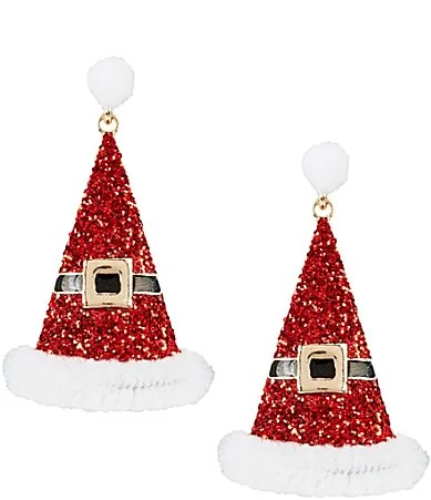 Merry & Bright White Pom Pom Stud Glitter Enamel Santa Drop Earrings by Merry & Bright