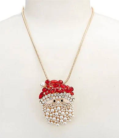 Merry & Bright Siam Crystal Stone Pearl Beaded Santa Face Short Pendant Necklace by Merry & Bright