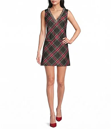City Vibe Sleeveless Plaid Rhinestone-Embellished A-Line Dress