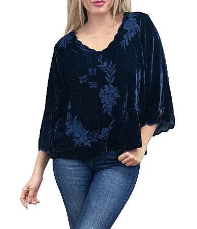 Karyn Seo Woven Velvet Tonal Floral and Geometric Embroidery V-Neck 34 Sleeve Blouse by Karyn Seo