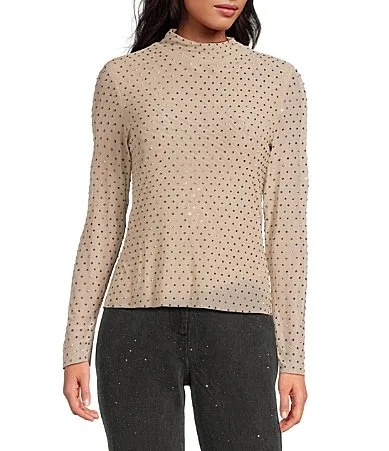 Hot Fix Mesh Rhinestone Turtleneck Long Sleeve Top by Skies Are Blue
