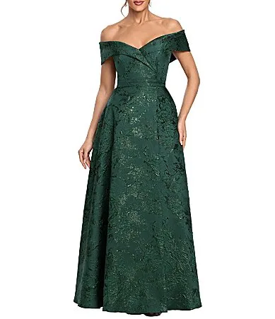Brocade Print Off-The-Shoulder Gown