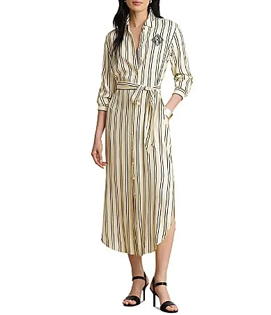 Lauren Ralph Lauren Jacquard Stripe Point Collar Long Sleeve Shirt Dress by Ralph Lauren