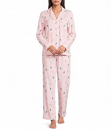 Lets Celebrate Print Long Sleeve Notch Collar Brushed Jersey Knit Pant Pajama Set by kate spade