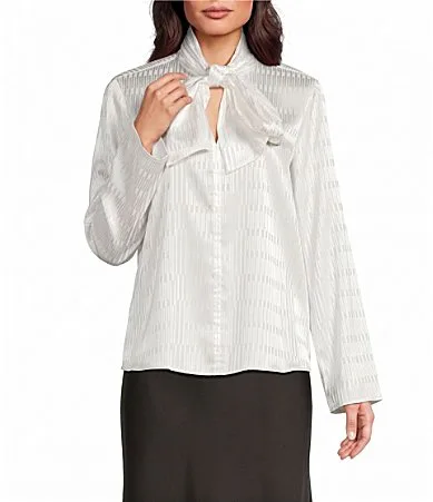 DKNY by Donna Karan Woven Jacquard Tie Neck Long Sleeve Pullover Blouse by Donna Karan