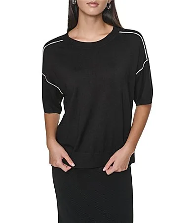 DKNY by Donna Karan Knit Pointelle Mesh Crew Neck Short Sleeve Sweater Tee Shirt by Donna Karan