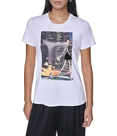 DKNY by Donna Karan Knit NYC Nights Front Graphic Crew Neck Short Sleeve Tee Shirt by Donna Karan