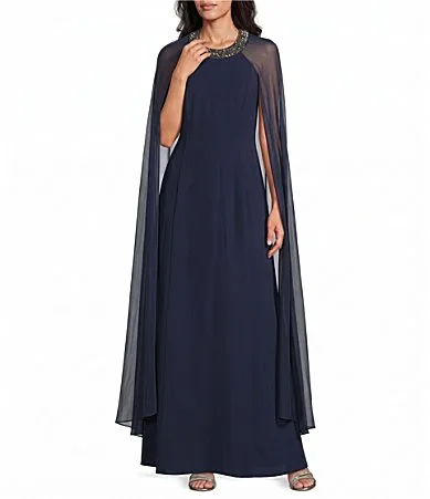 Stretch Satin Long Mesh Caplet Beaded Neck Long Dress