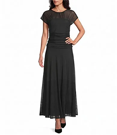 Leslie Fay Short Sleeve Ruched Drop Waist Long Dress by Fay