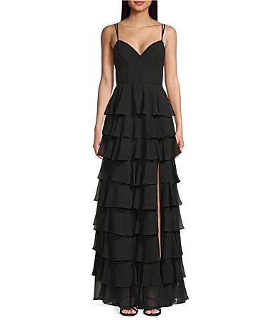 Chiffon Double Spaghetti Strap V-Neck Tiered Ruffle Long Dress by B Darlin