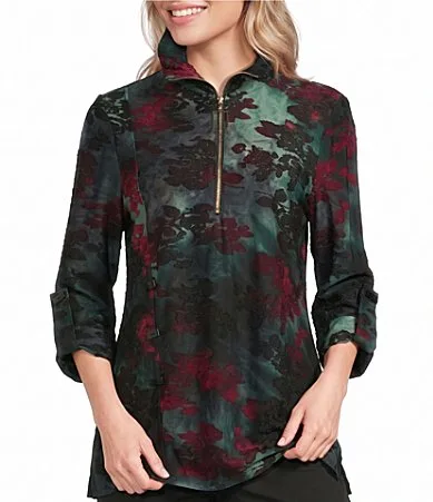 Petite Knit Burnout Zip Funnel Neck 34 Roll-Tab Sleeve Tunic by Calessa