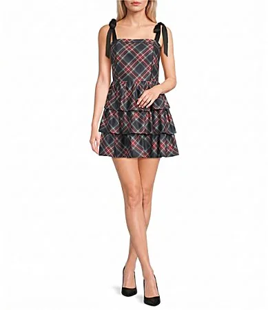 Sleeveless Tie-Shoulder Tiered Plaid Dress by Dear Moon