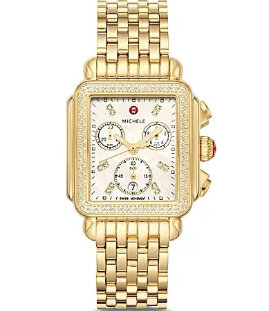 Deco Diamond Quartz Chronograph 18K Gold-Plated Stainless Steel Bracelet Watch by Michele