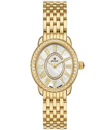 Serein Oval Diamond Quartz Two Hand 18K Gold-Plated Stainless Steel Bracelet Watch by Michele