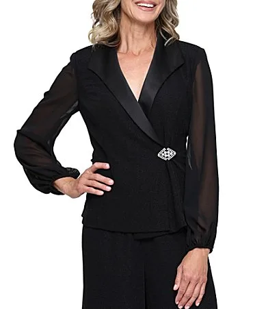 Metallic Knit Illusion Sleeve Satin Surplice Collar Blouse by Alex Evenings