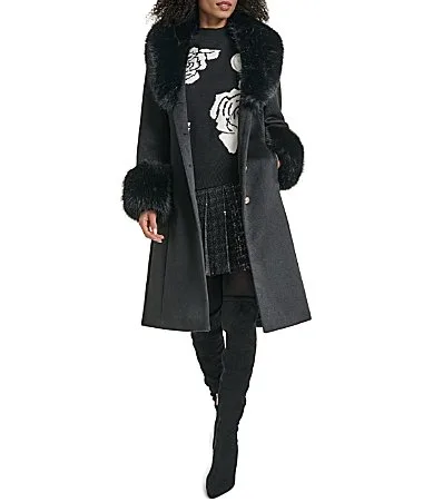 KARL Lagerfeld PARIS Wool Blend Faux Fur Trim Shawl Collar Belted Trench Coat by Karl Lagerfeld