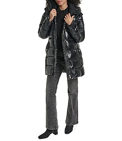 KARL Lagerfeld PARIS Glossy Quilt Pattern Stand Collar Belted Hybrid Down Puffer Jacket by Karl Lagerfeld