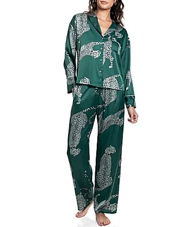 Cat Print Notch Collar Long Sleeve Satin Long Pajama Set by Midnight Bakery
