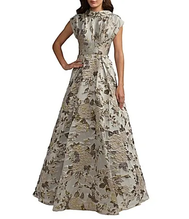 Mac Duggal Brocade Collared Cap Sleeve Pleated Skirt Ballgown by M.A.C.