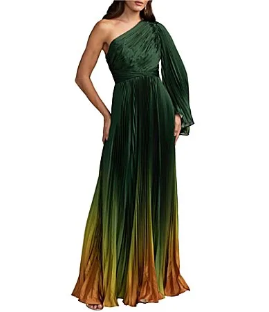 Mac Duggal Charmeuse Ombre Print One Shoulder Neck One Long Sleeve Pleated Gown by M.A.C.