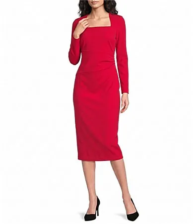Square Neck Long Sleeve Overlay Scuba Crepe Midi Sheath Dress by Calvin Klein