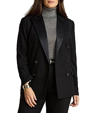 Crepe Satin-Trim Double-Breasted Peak Lapel Long Sleeve Tuxedo Wool Blazer by Ralph Lauren