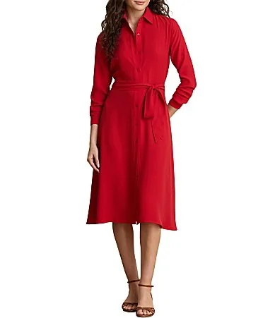 Georgette Point Collar Long Sleeve A-Line Dress by Ralph Lauren