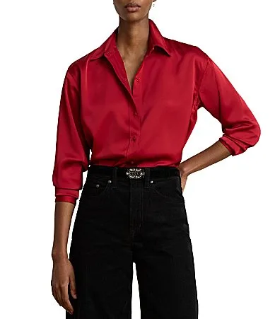 Woven Satin Point Collar Long Sleeve Shirt by Ralph Lauren
