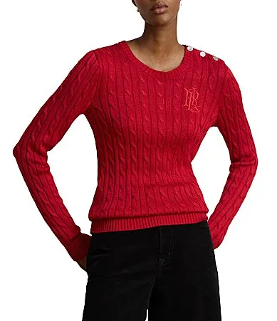Cable Knit Crew Neck Long Sleeves Shoulder Button Sweater Top
