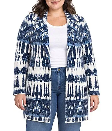 Fuzzy Jacquard Shibori Print Notch Collar Long Sleeve Sweater Coat