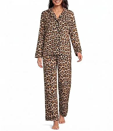 Leopard Print Long Sleeve Notch Collar Brushed Jersey Knit Pajama Set by kate spade
