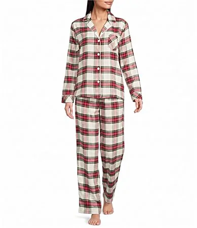 Cream Plaid Print Brushed Twill Flannel Long Sleeve Notch Collar Woven Pajama Set