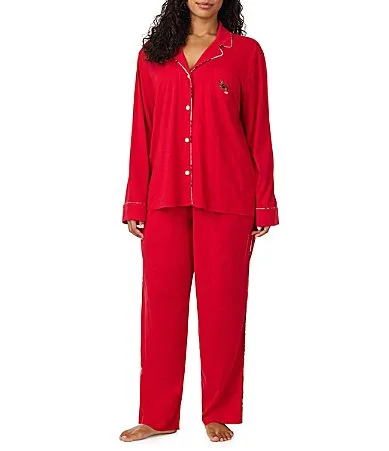 Solid Long Sleeve Notch Collar Jersey Knit Pant Pajama Set by Ralph Lauren