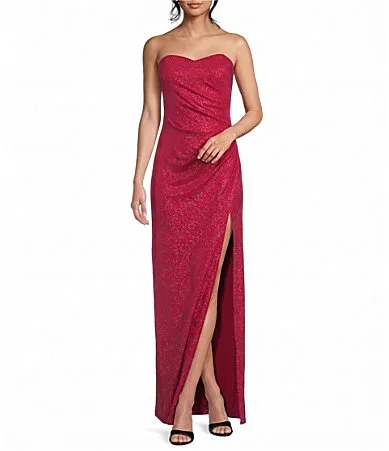 Glitter Sweetheart Neck Strapless Faux-Wrap Side Slit Gown by Pear Culture