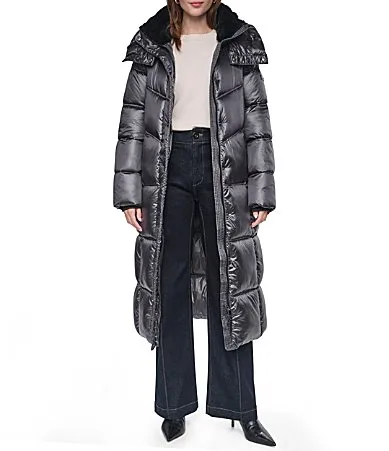 DKNY Pearlized Quilted Funnel Collar Hooded Long Maxi Puffer by Donna Karan