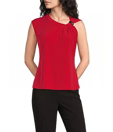 DKNY Jersey Knit Twist Neck with Hardware Sleeveless Blouse by Donna Karan