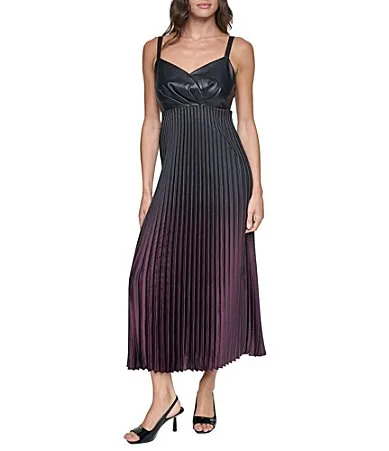 DKNY Foiled Mix Media Pleated Ombre V-Neck Sleeveless A-Line Dress by Donna Karan