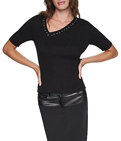 DKNY Ribbed Knit Studded Asymmetric Neck Short Sleeve Sweater Top by Donna Karan