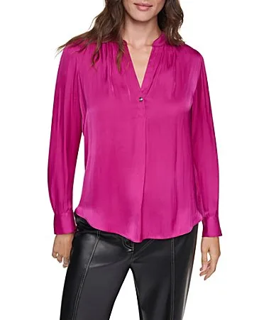 DKNY Woven Satin Chain Mesh V-Neck Long Sleeve Blouse by Donna Karan