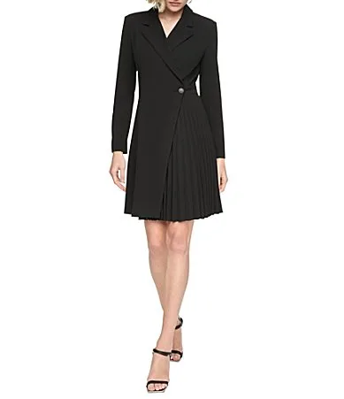 DKNY Long Sleeve Collared Neck Pleated Skirt Blazer Dress