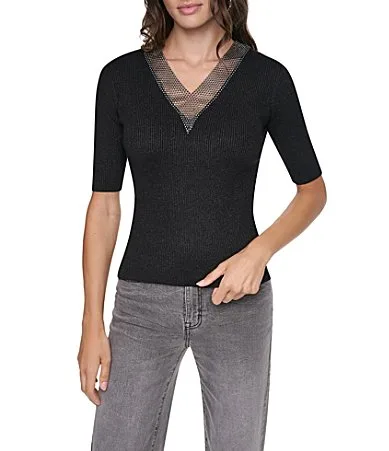 DKNY Knit Lurex Embellished V-Neck 34 Sleeve Sweater Top by Donna Karan