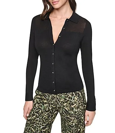 DKNY Color Block Point Collar Long Sleeve Button Down Sweater Top by Donna Karan