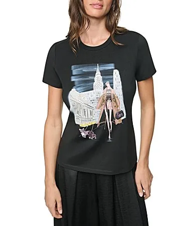 DKNY Midtown Dog Walker Graphic Knit Crew Short Sleeve Tee Shirt by Donna Karan